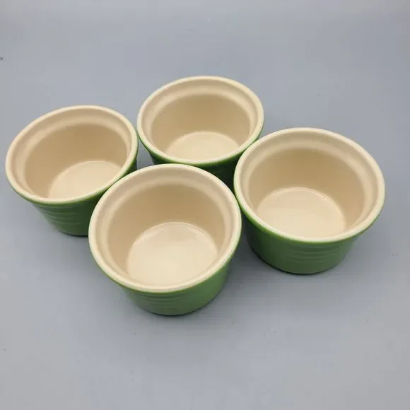 Le Creuset Set (4) Cups Green Ribbed Ramekin Custard Stoneware France